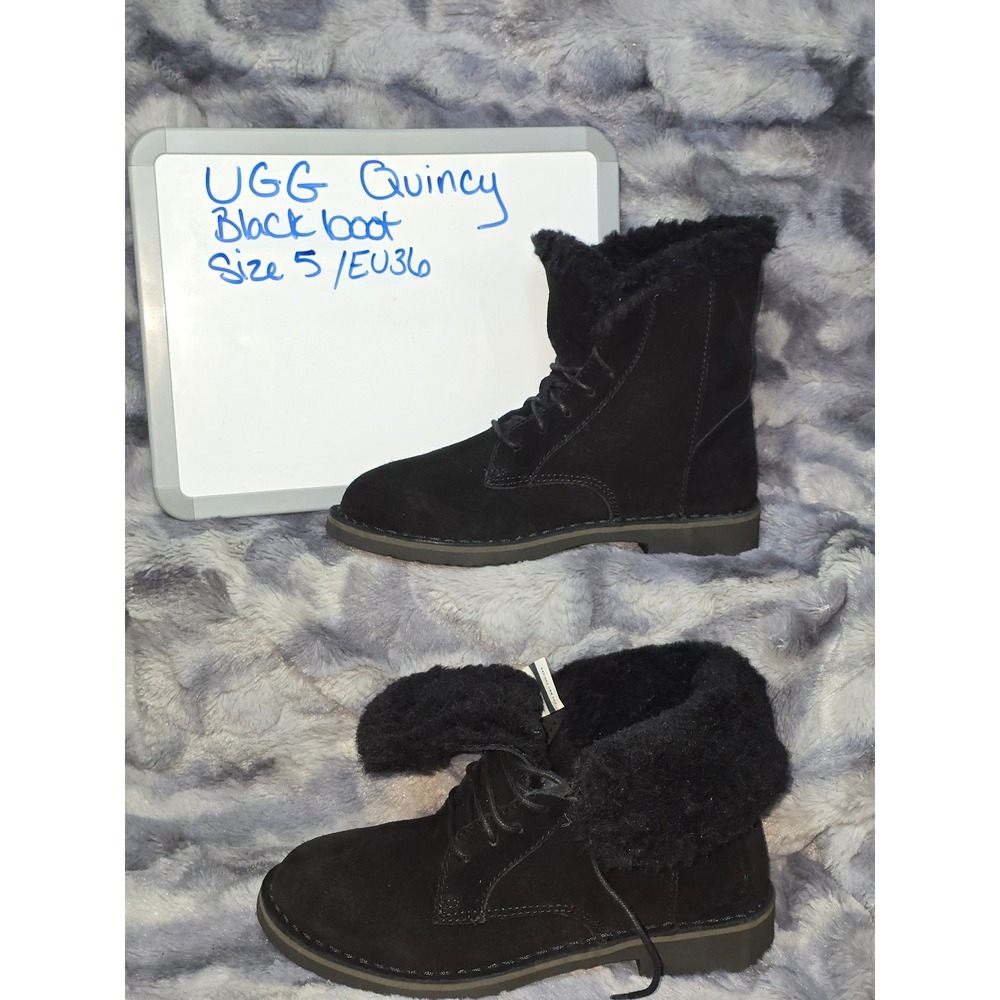 NEW UGG Quincy Black Suede Fur Lined Lace Up Boot Women's Size 5‎ EU 36